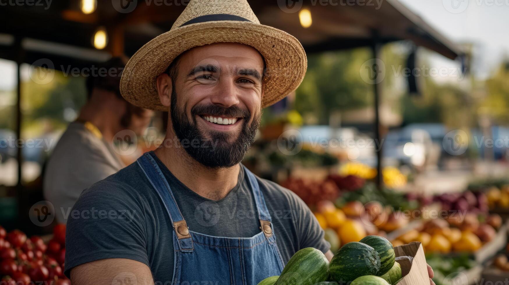 A happy farmer wearing overalls and a broad smile handing a bag of fresh produce to a customer at an autumn market stall surrounded by warm fall hues and cozy textures photo