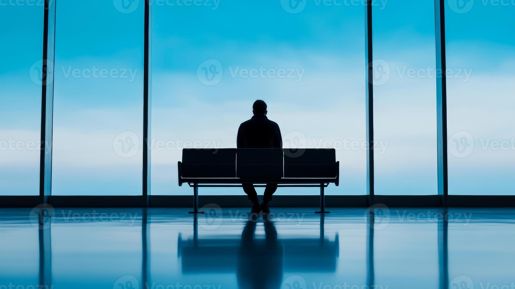 Wide angle shot of an empty airport terminal with a single person sitting on a bench head down expressing the loneliness of returning from a trip photo
