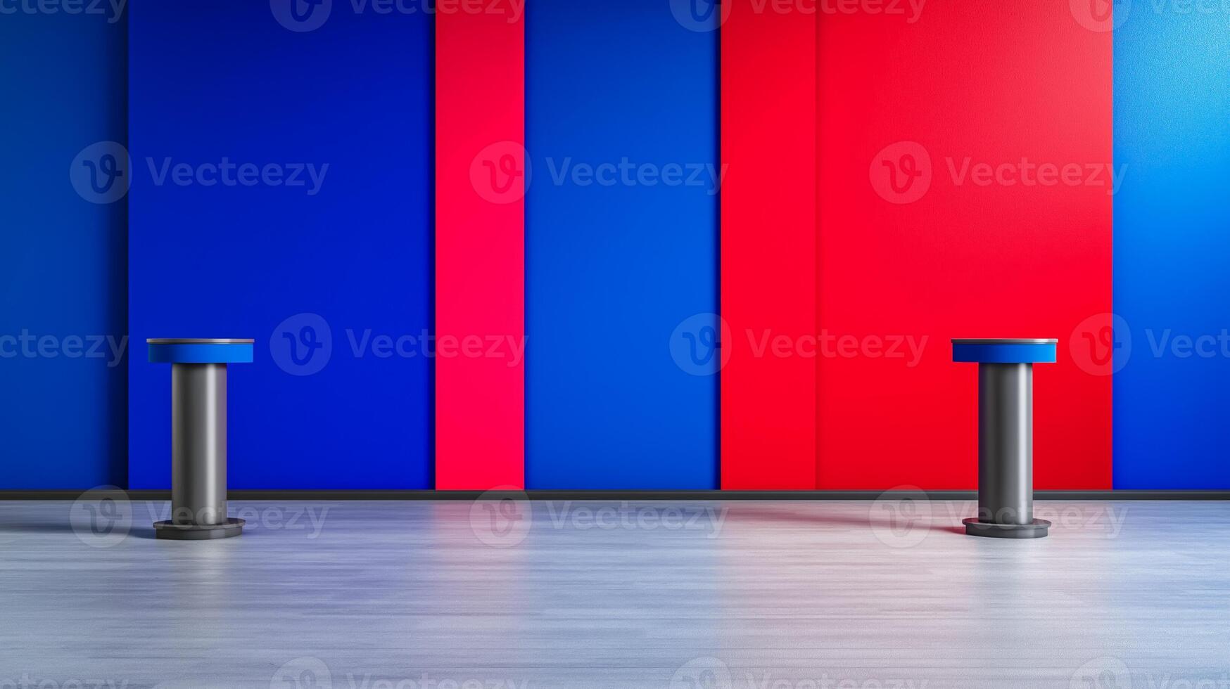 Debate stage with American flag backdrop gradient background from blue to red wide angle shot vibrant colors photo