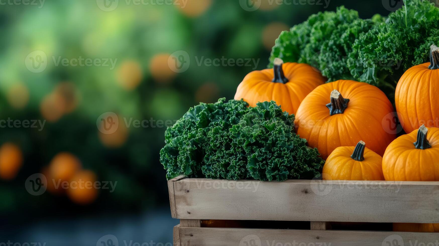 Isolated autumn market stall overflowing with fresh vegetables bright orange pumpkins and deep green kale rustic wooden textures with a soft gradient background photo