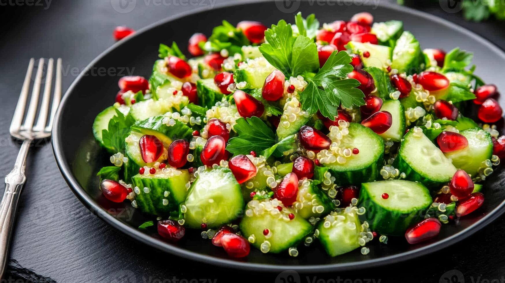 Overhead shot of a vibrant cucumber salad with quinoa pomegranate seeds and parsley served on a black slate plate with a fork beside it photo