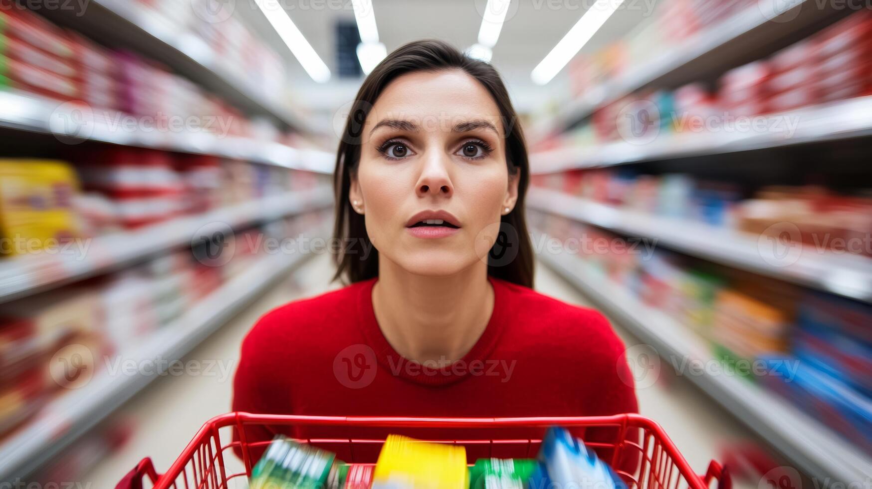 Close up of a shoppers face filled with determination pushing through a crowded aisle with a cart overflowing with Black Friday deals surrounded by others grabbing products photo