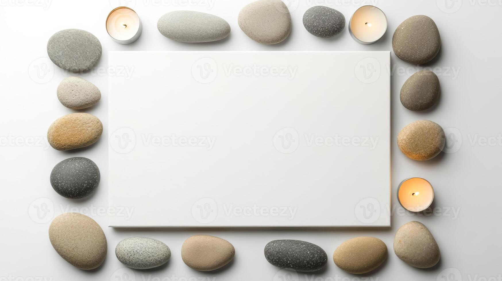 Overhead view of a meditation themed picture frame with a border of zen stones tranquil water reflections and soft candlelight in calming neutral colors isolated on a white background photo