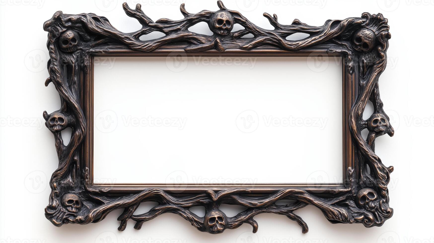 Overhead view of an ornate Halloween picture frame featuring creepy designs like ghost faces and twisted branches in a tarnished silver finish isolated on a white background photo