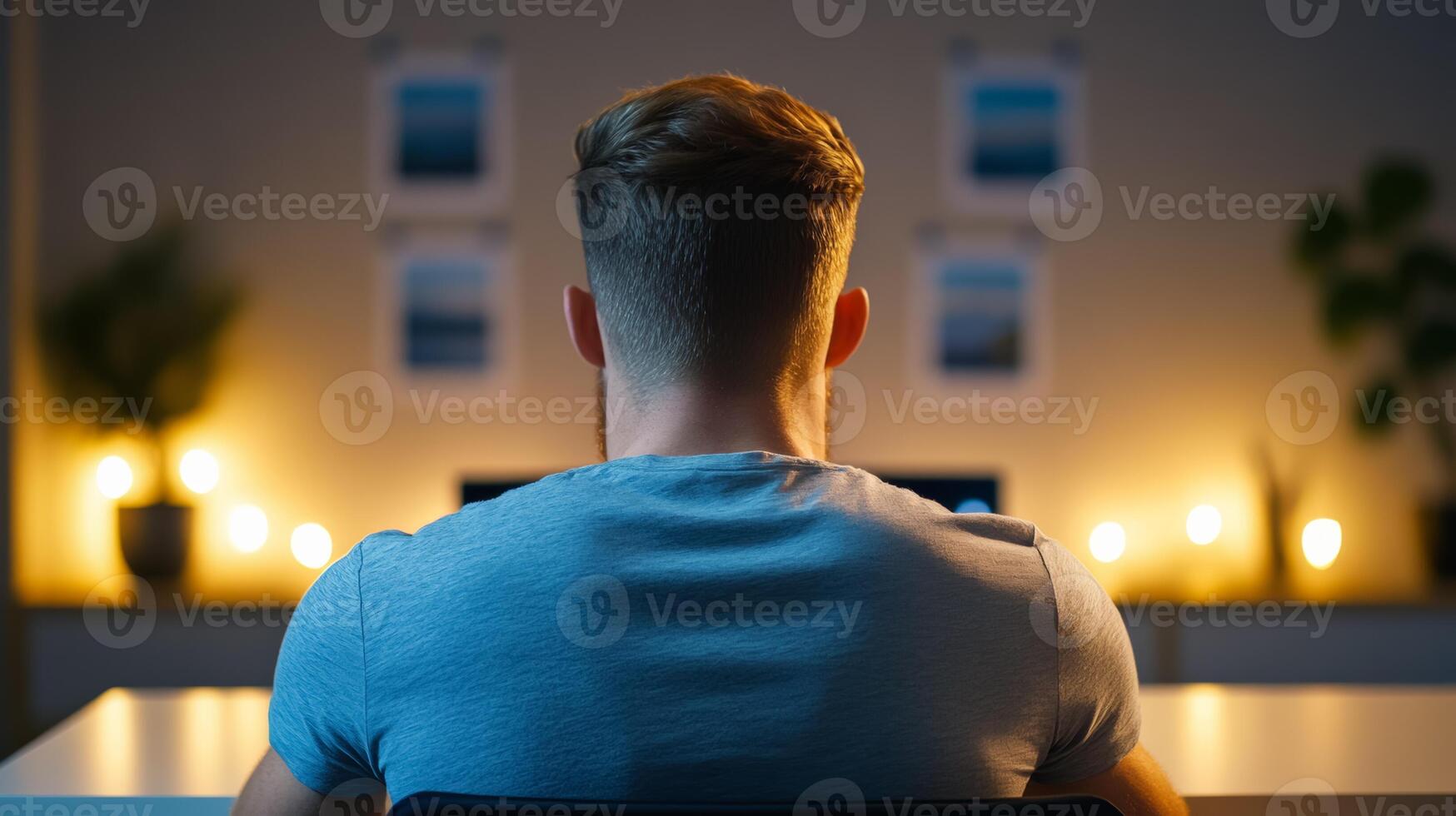 Side view of a person sitting at a desk with a blank stare vacation photos pinned on the wall in the background highlighting post vacation sadness