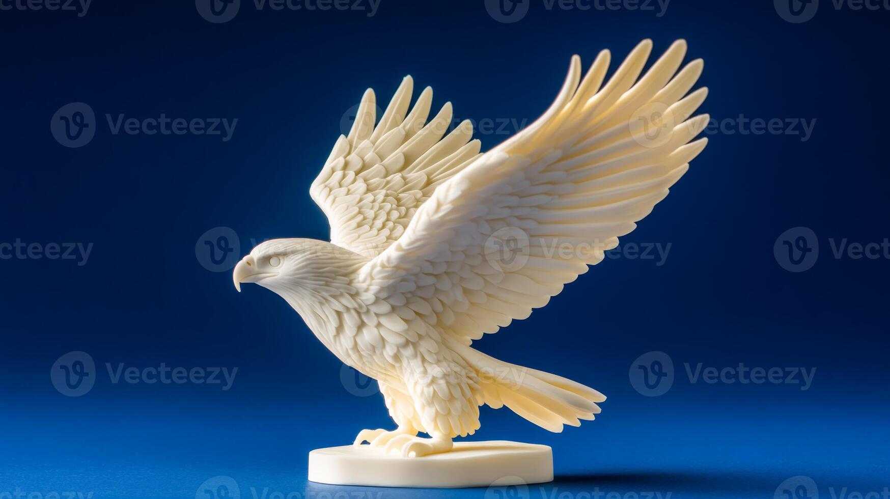 Side view of a butter sculpture of a soaring eagle with outstretched wings feathers meticulously detailed isolated on a deep blue gradient background cool lighting photo