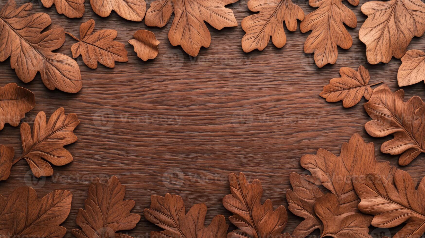 Smooth oak texture with carved leaf details Thanksgiving nature inspired warmth rich wood grain perfect for autumn themed graphics photo