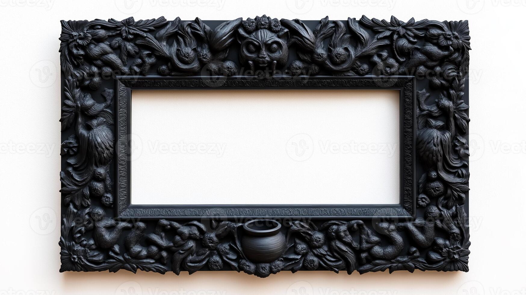Top down shot of a rectangular Halloween style frame with intricate carvings of witches cauldrons and black cats in a dark vintage finish isolated on a white background photo