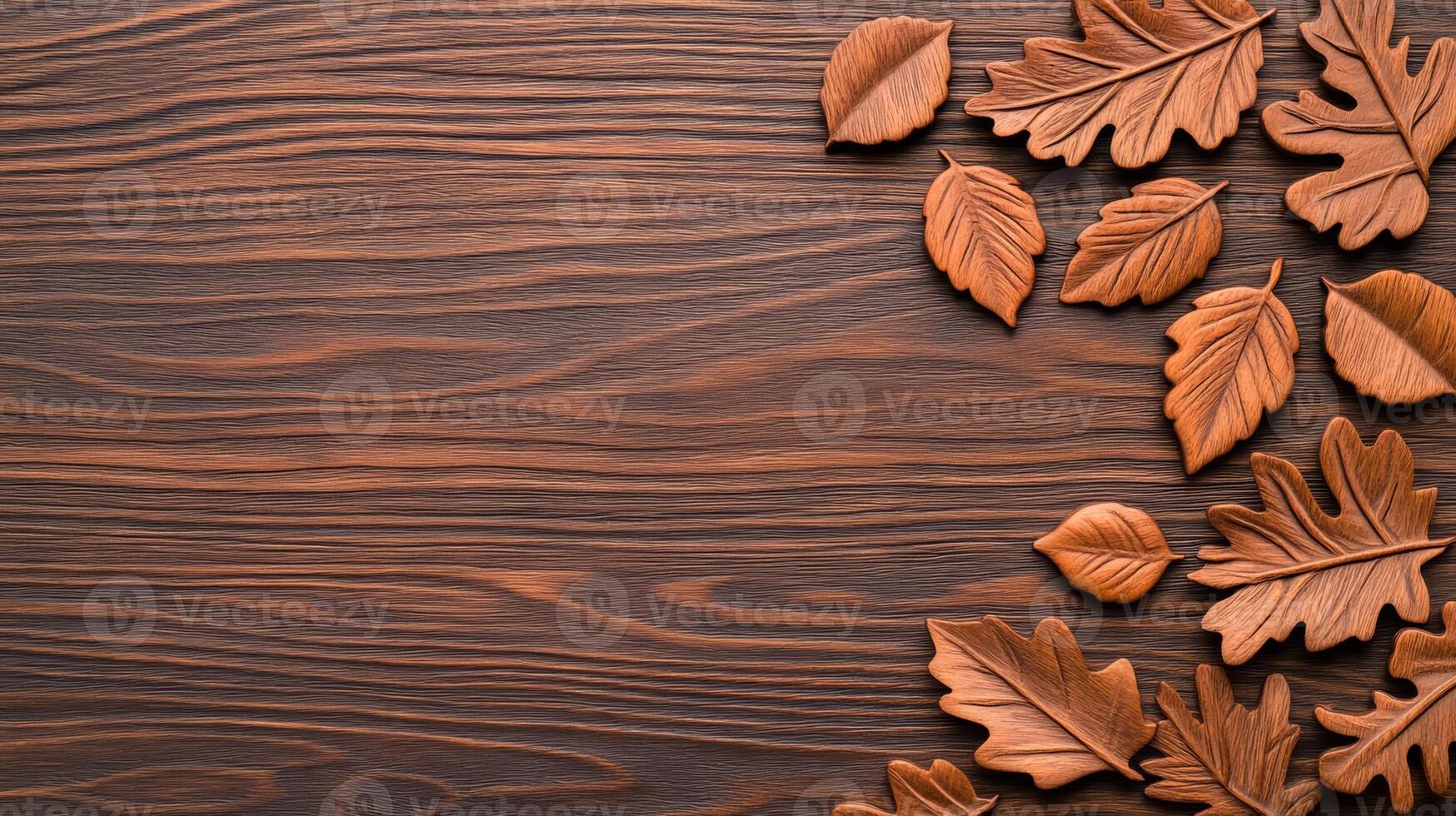 Smooth oak texture with carved leaf details Thanksgiving nature inspired warmth rich wood grain perfect for autumn themed graphics photo