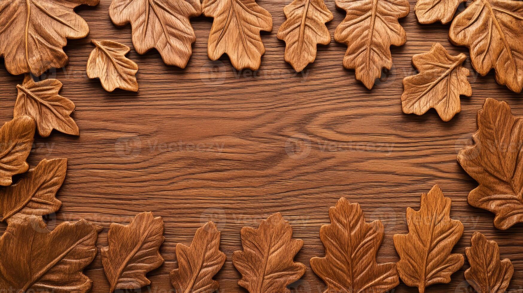 Smooth oak texture with carved leaf details Thanksgiving nature inspired warmth rich wood grain perfect for autumn themed graphics photo