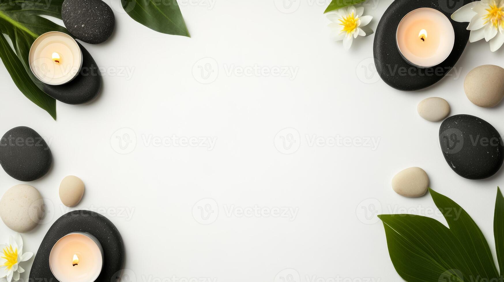 Overhead view of a meditation themed picture frame with a serene border of lotus flowers smooth pebbles and soft candlelight in calming pastel tones isolated on a white background photo
