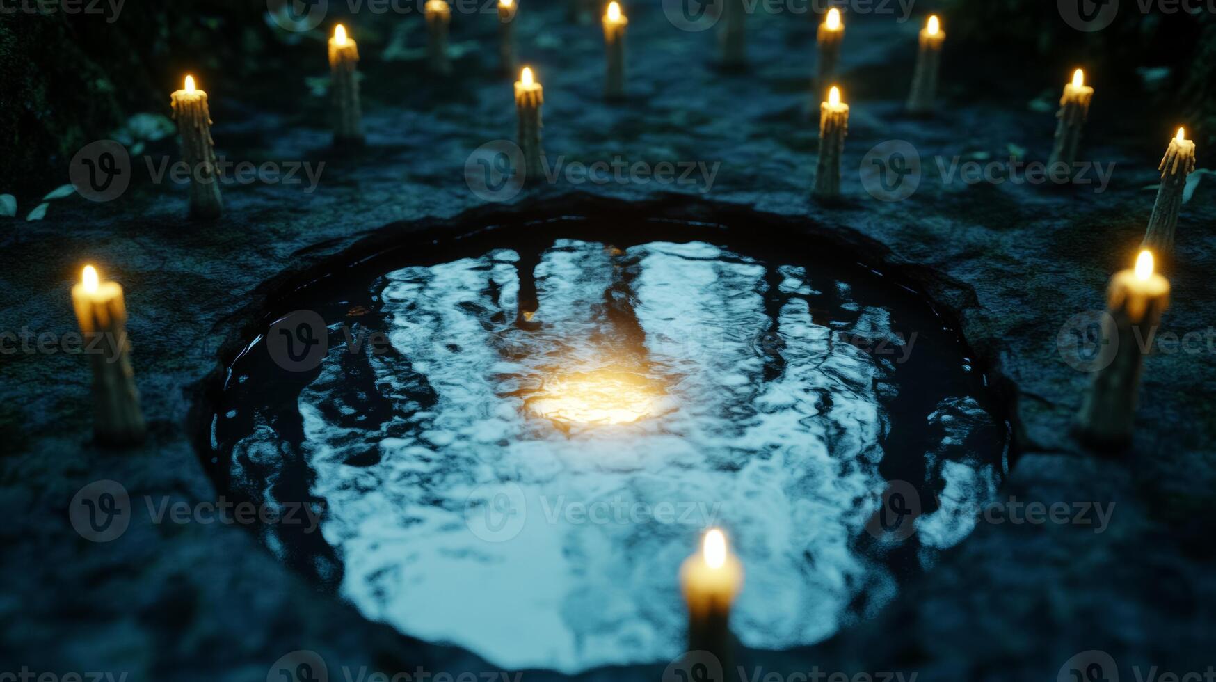 Overhead view of a witchs cauldron bubbling in a dark forest pond with ghostly figures reflected in the water and floating candles surrounding the scene photo
