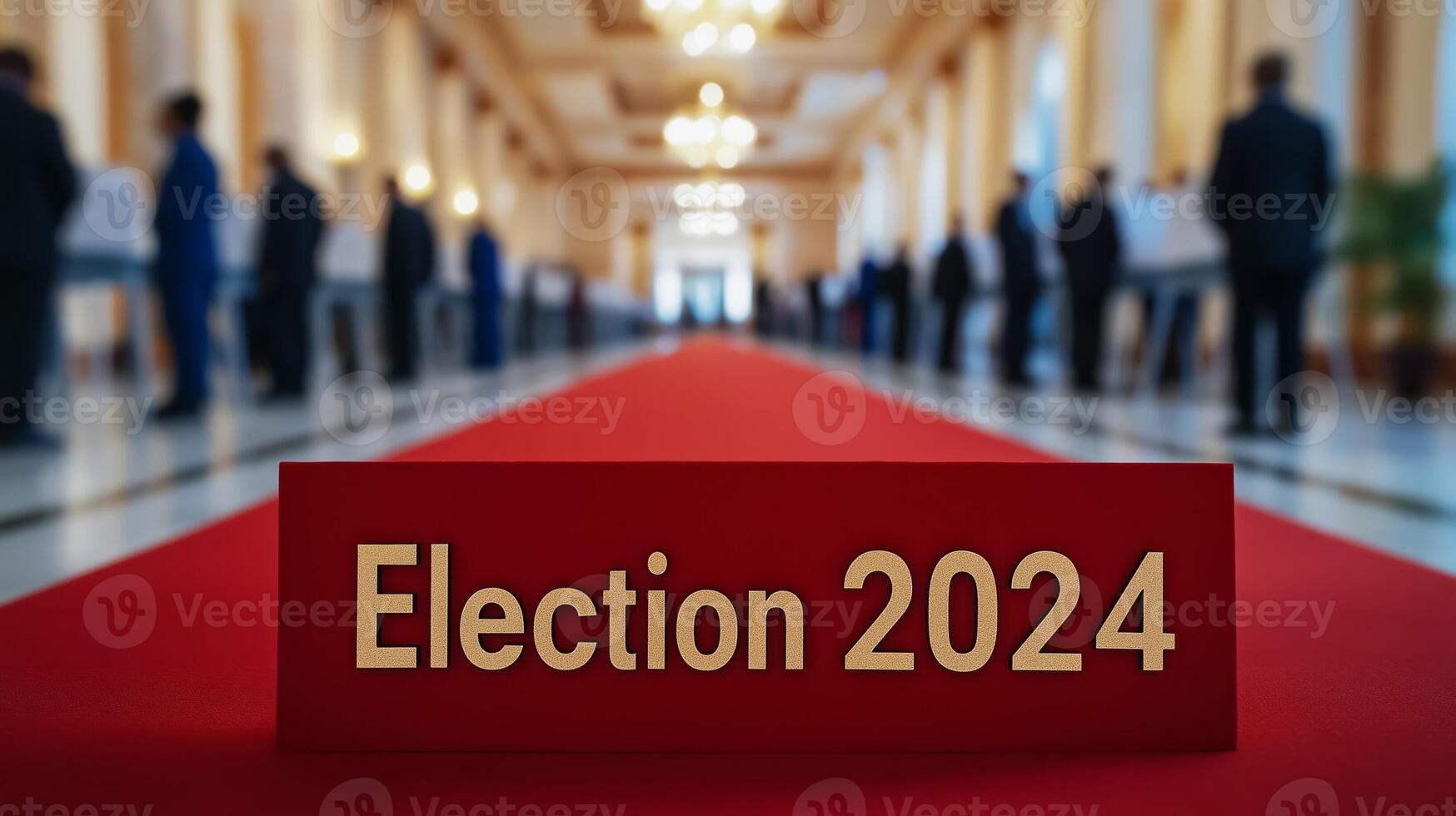 Election 2024 in elegant script on a blurred background of voters in a polling station subtle motion blur effect photo