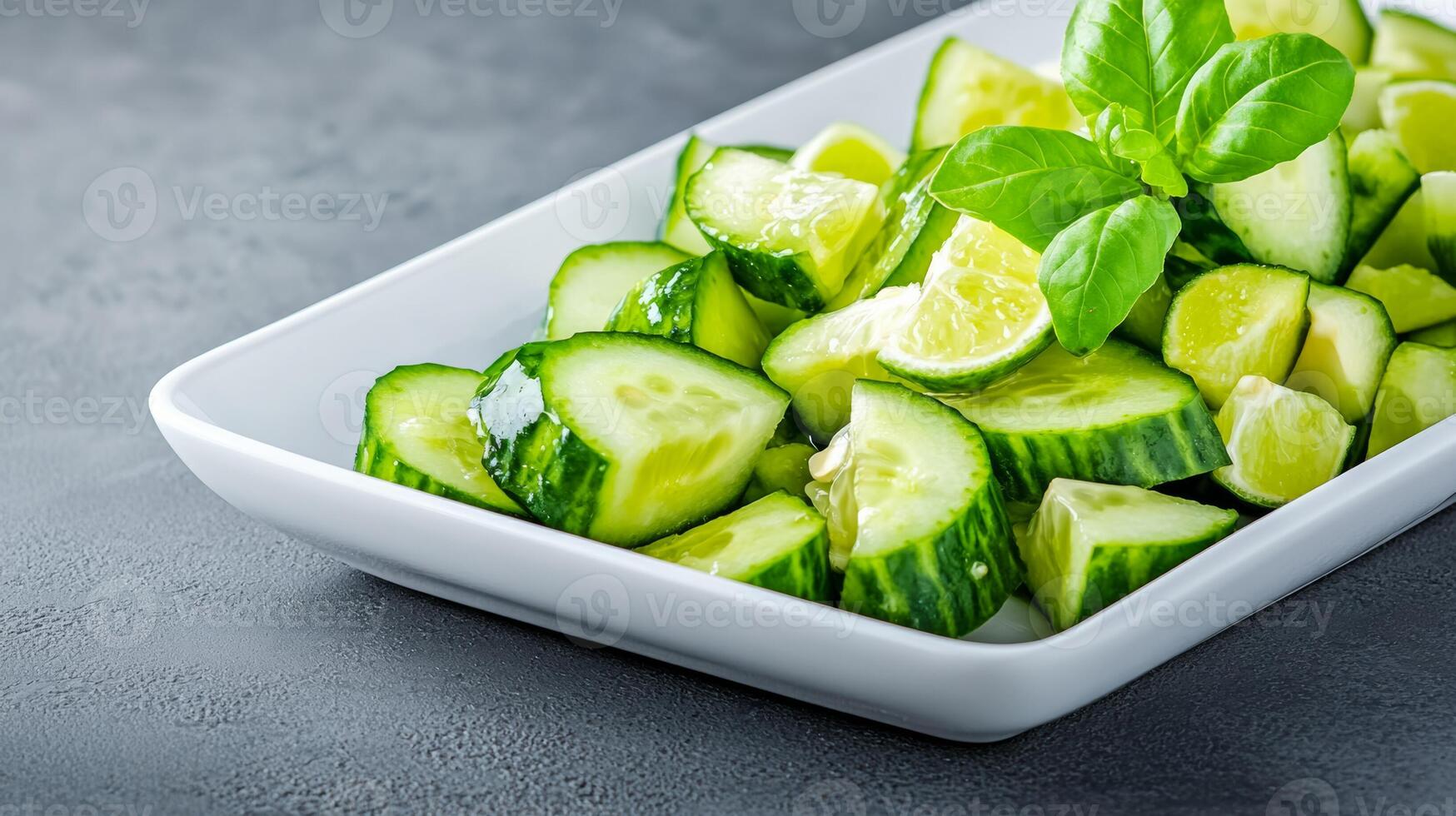 Side view of a minimalist cucumber salad with diced cucumbers avocado and lime wedges on a white rectangular plate empty space for text photo