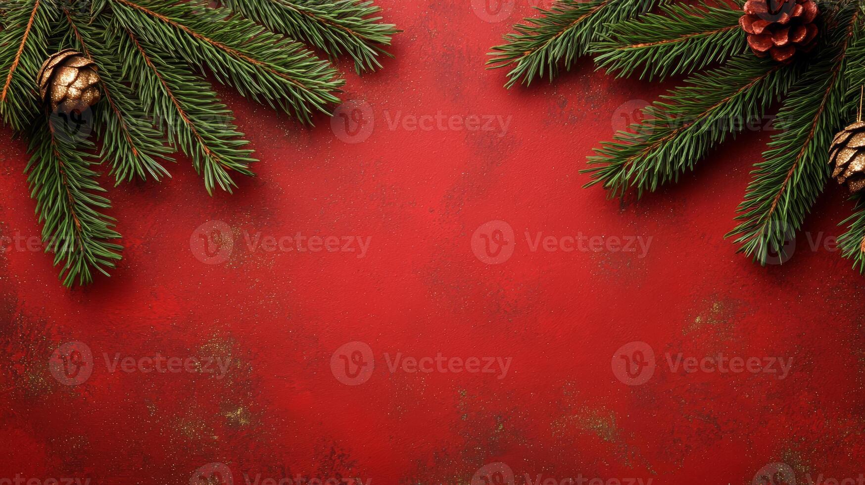 Vintage Christmas distressed red background with peeling paint texture aged gold speckles and cracked pine branches retro holiday warmth with text space photo