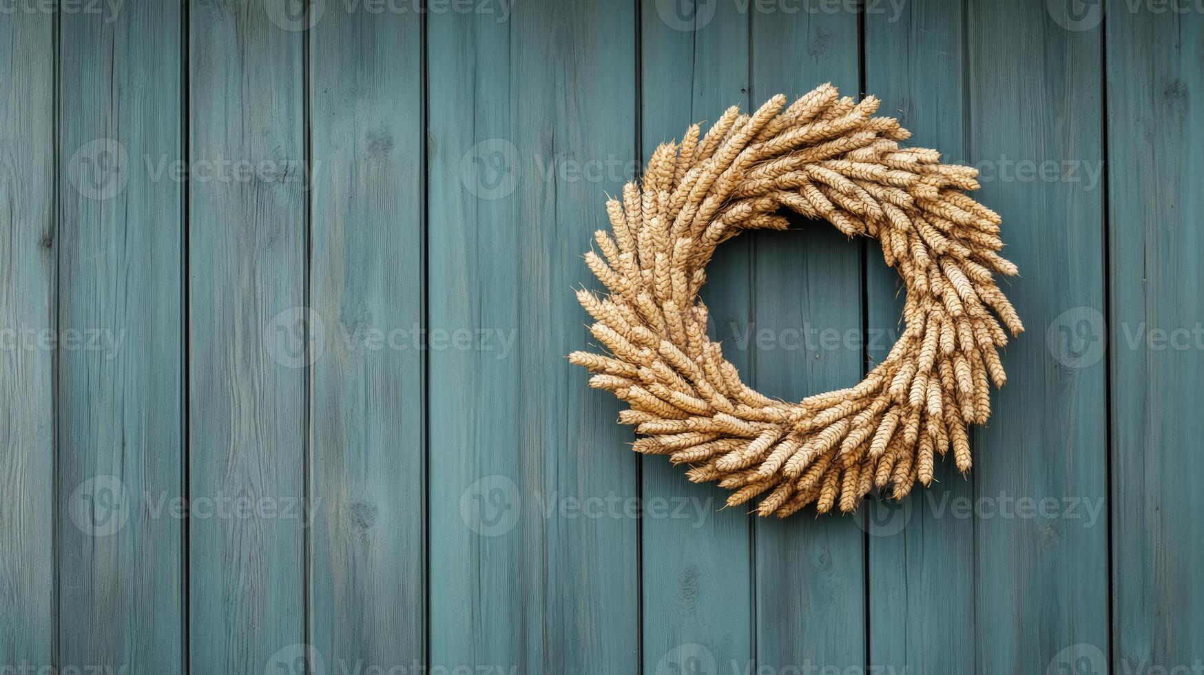 A barn door adorned with a wreath made of dried corncobs, symbolizing the rustic charm of harvest season photo