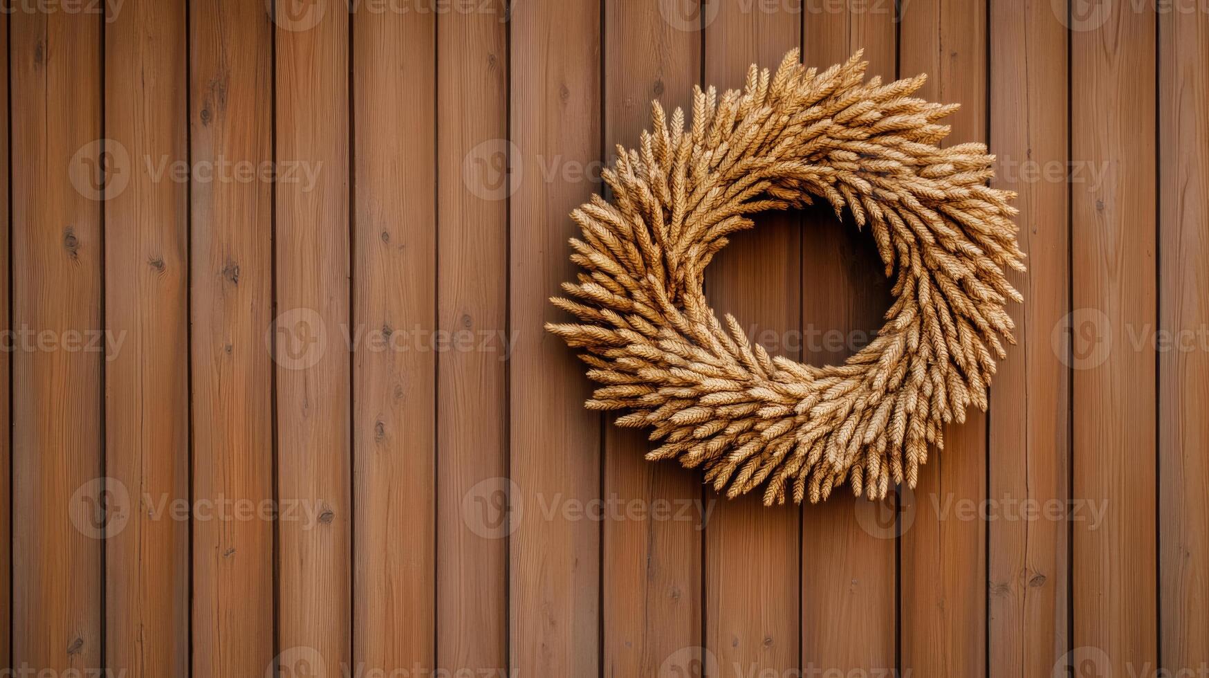 A barn door adorned with a wreath made of dried corncobs, symbolizing the rustic charm of harvest season photo