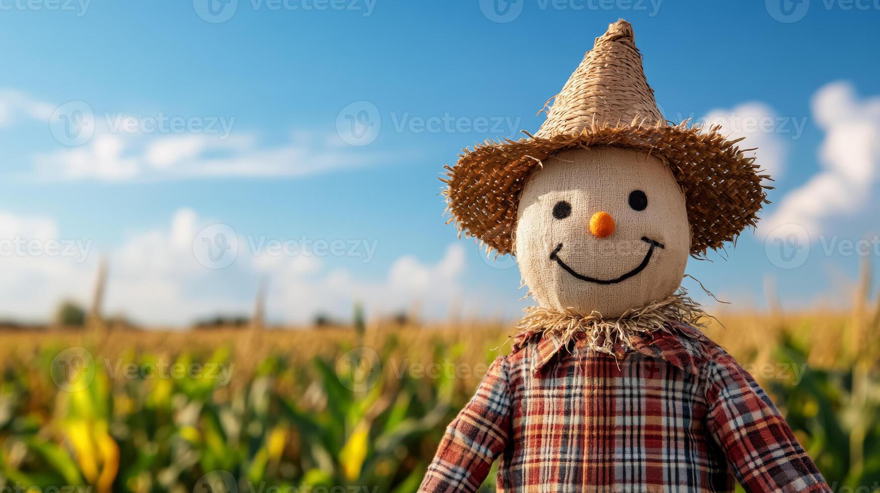 A charming scarecrow in a vibrant autumn cornfield, representing harvest seasons traditional rural life photo