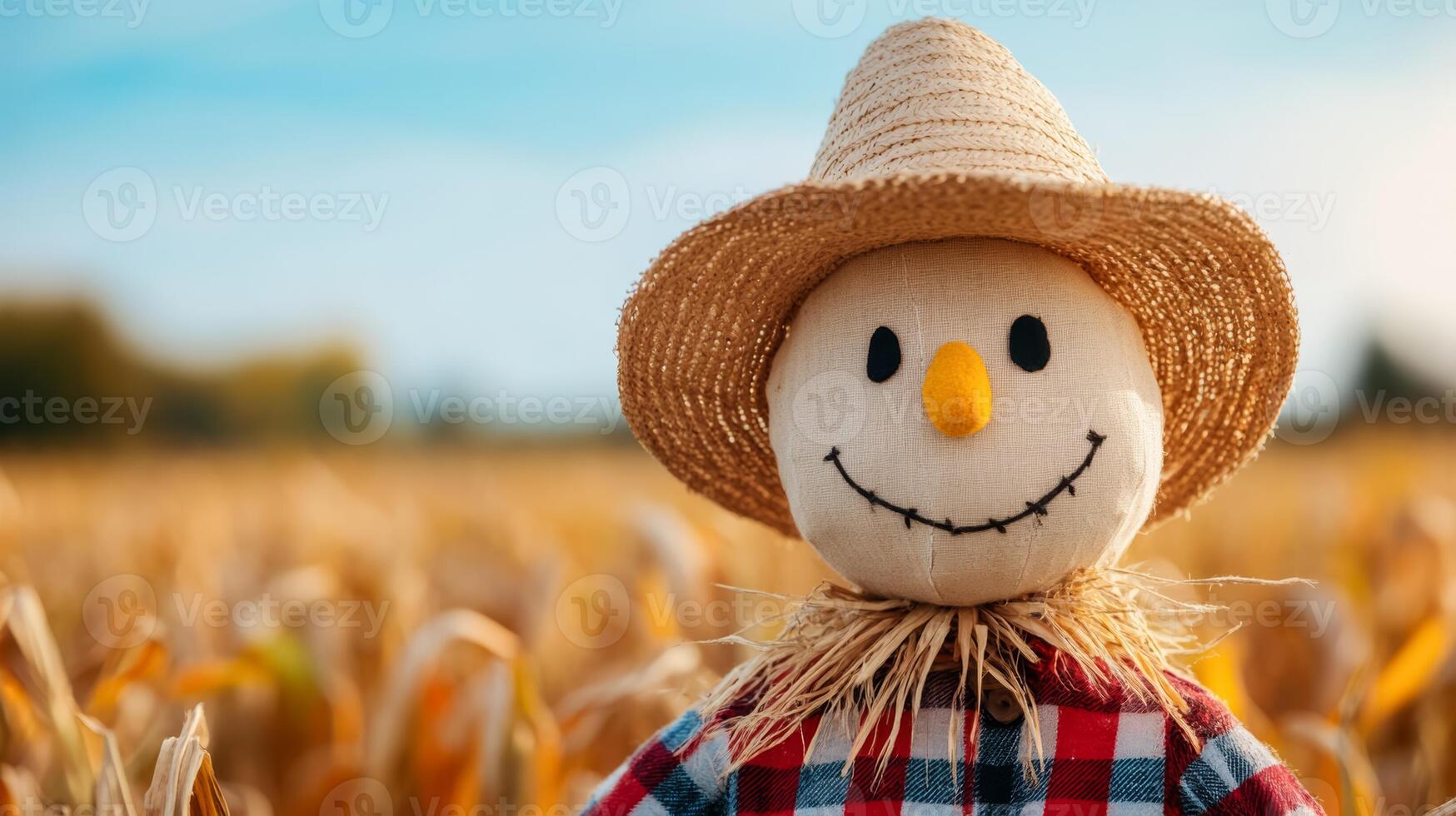 A charming scarecrow in a vibrant autumn cornfield, representing harvest seasons traditional rural life photo