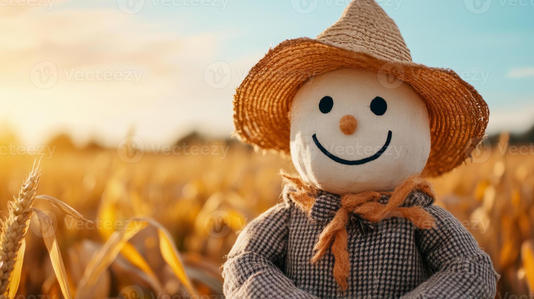 A charming scarecrow in a vibrant autumn cornfield, representing harvest seasons traditional rural life photo