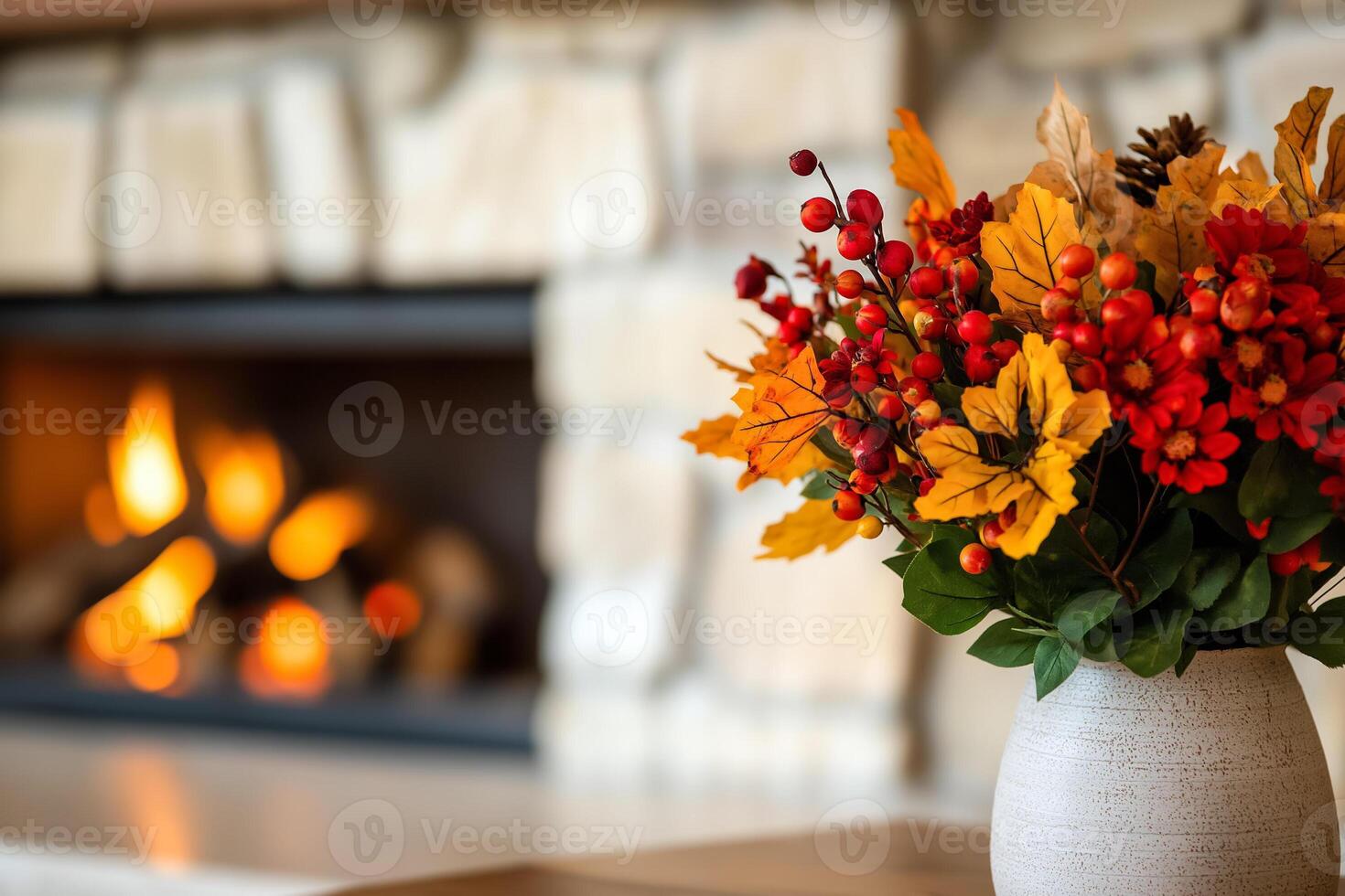 A cozy fireplace adorned with autumn decorations, exemplifying the warmth and comfort of harvest season photo