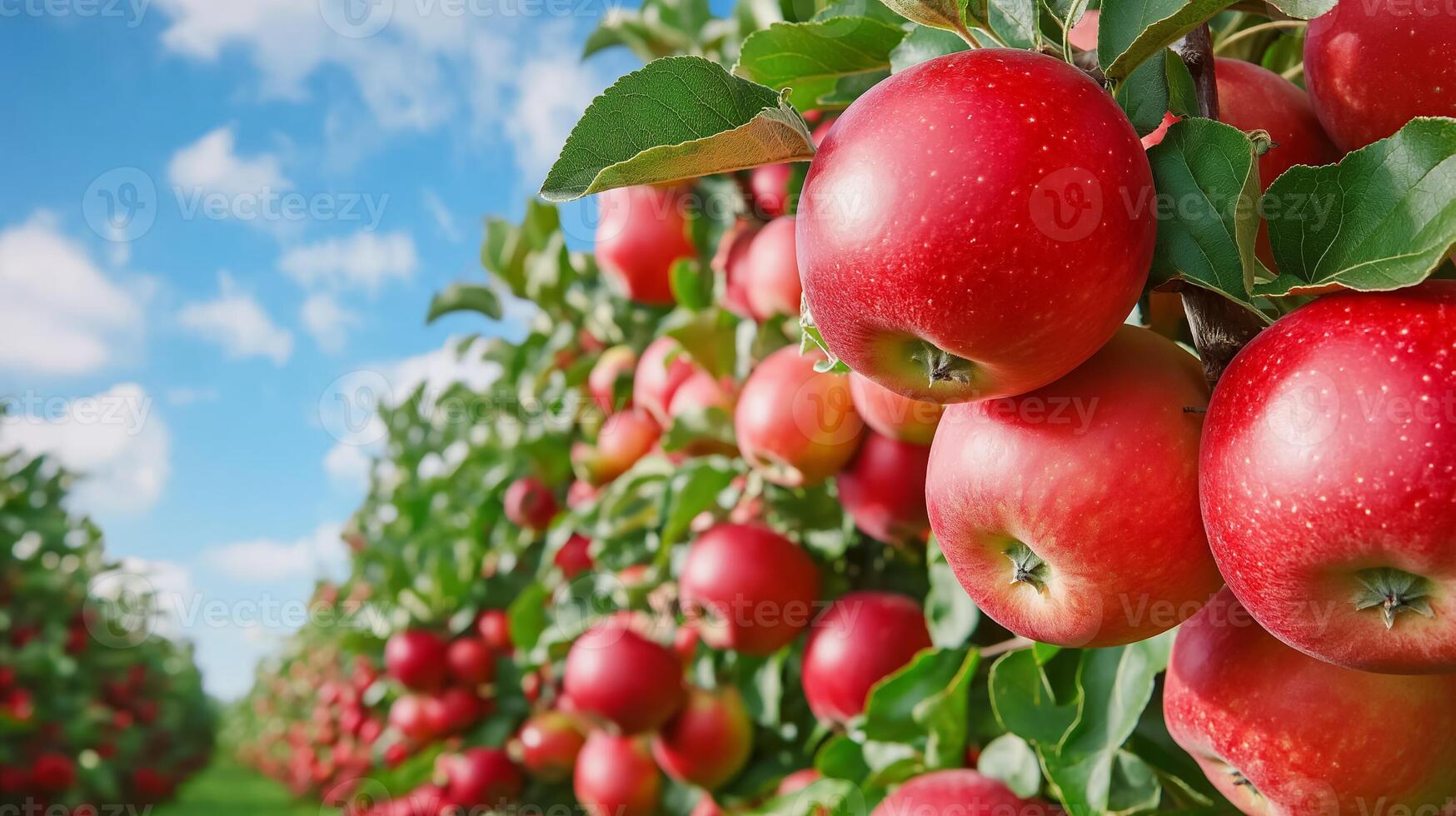 A picturesque orchard with trees heavy with ripe apples, showcasing the fruitful beauty of harvest season photo