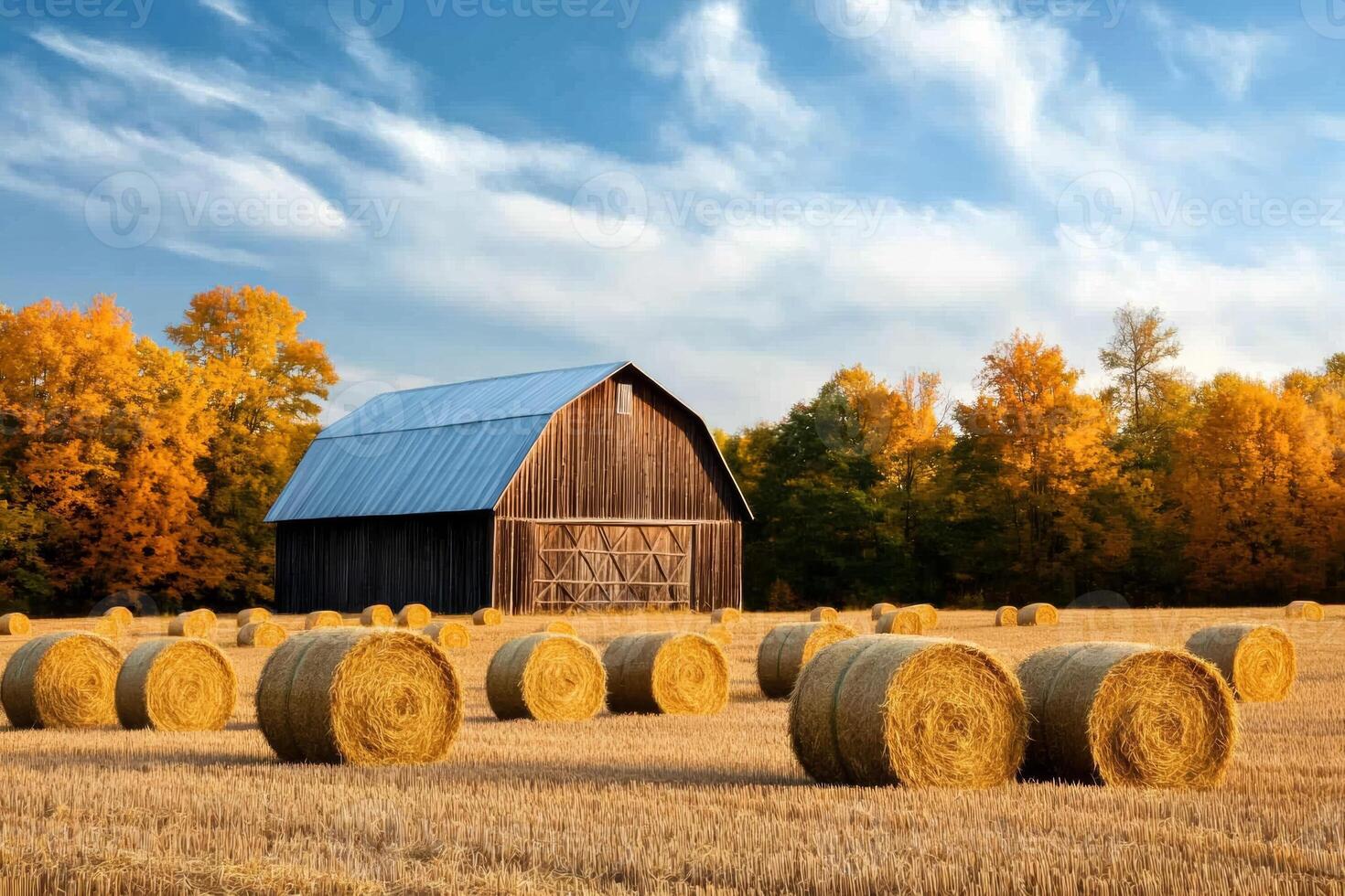 A rustic barn surrounded by golden hay bales, representing the quintessential harvest season in the countryside photo