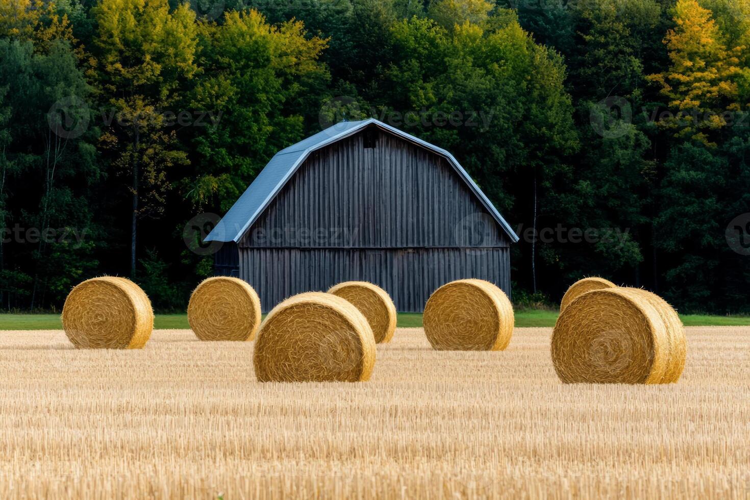 A rustic barn surrounded by golden hay bales, representing the quintessential harvest season in the countryside photo