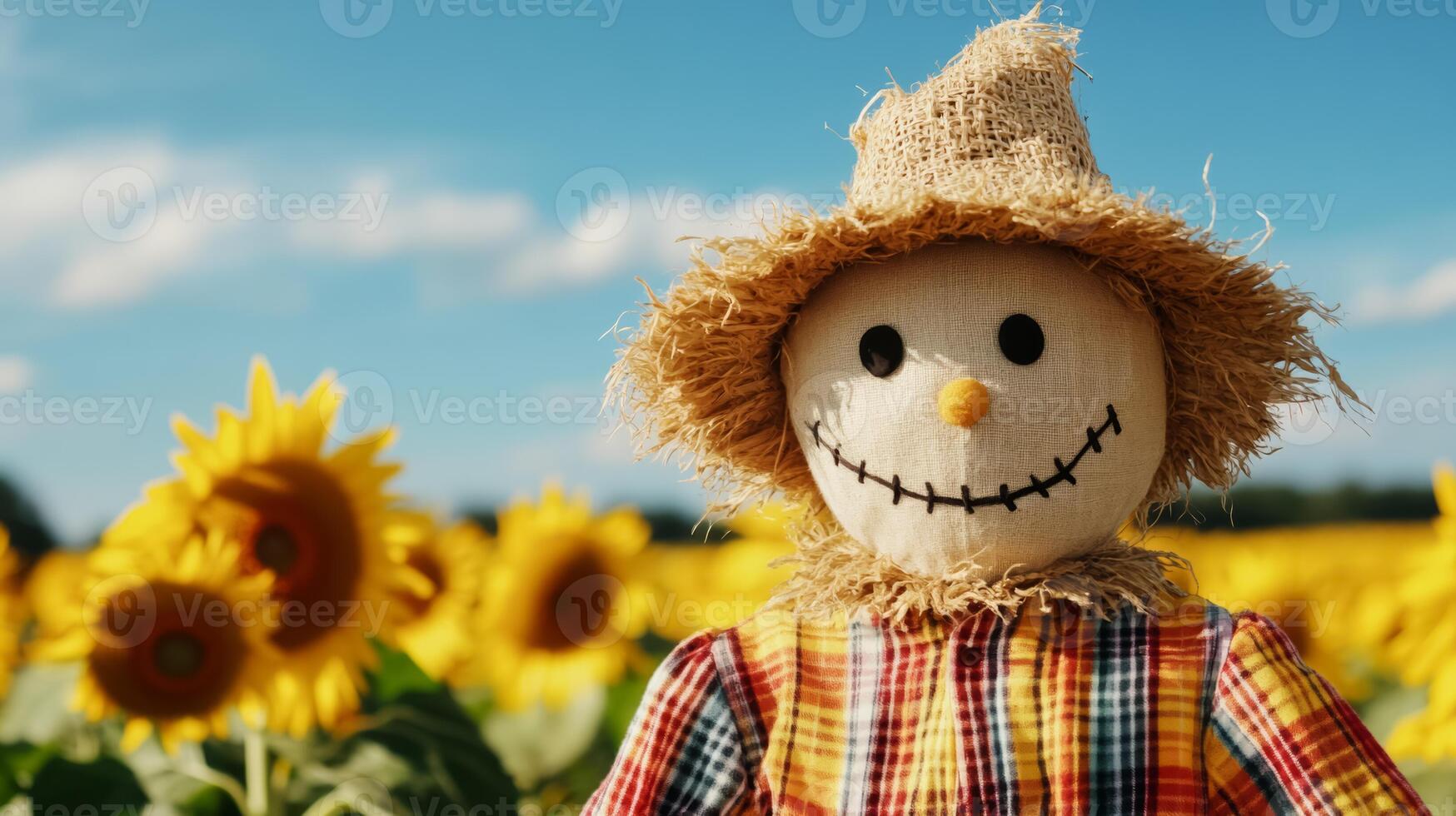 A scarecrow standing tall amidst a sunflower field, embodying traditional harvest season charm and rural life photo