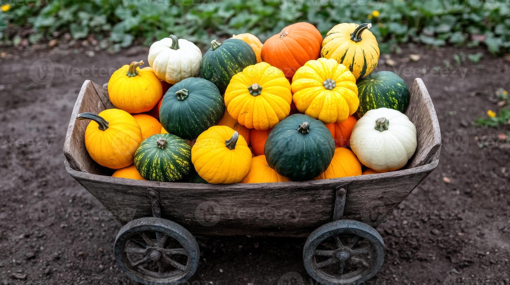 A rustic wheelbarrow filled with colorful squash, epitomizing the diverse produce of harvest season photo
