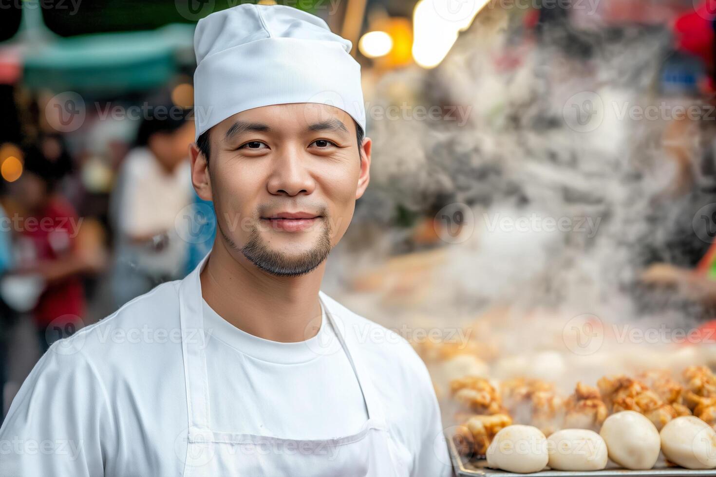 A street vendor expertly steams a variety of Asian delicacies, enveloping the bustling market in tempting aromatic clouds photo