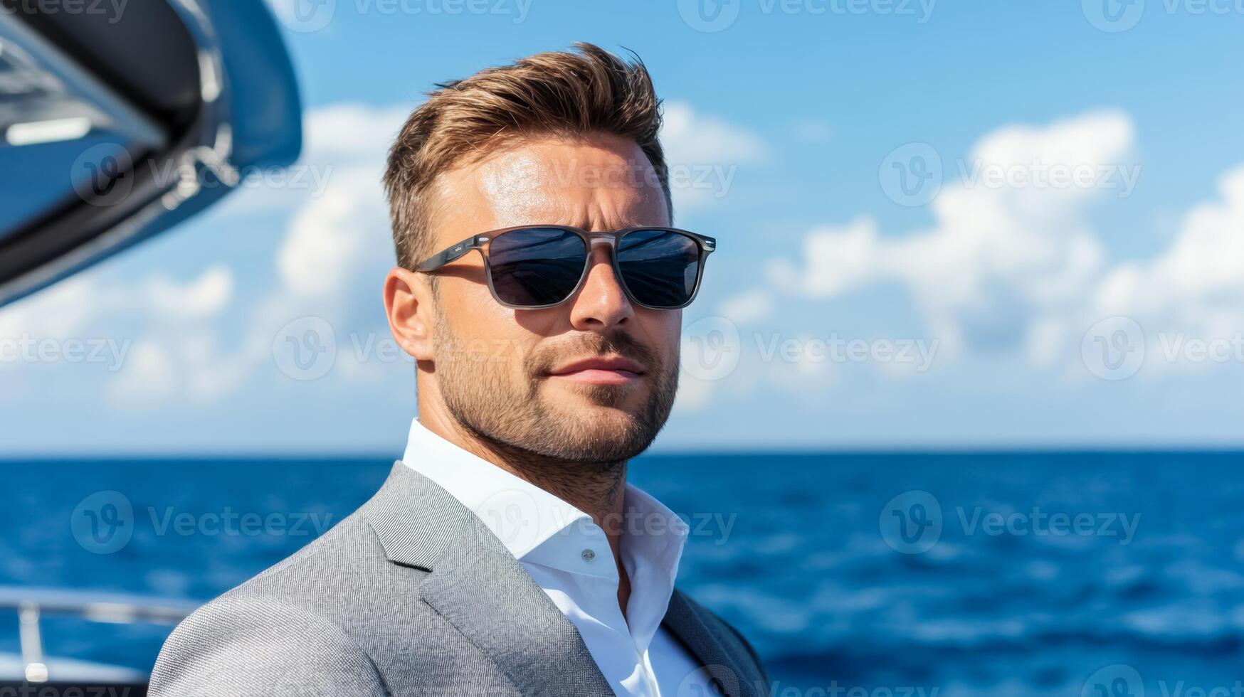 Affluent man sailing a sleek yacht on a sunny day dressed in nautical attire relaxed confidence deep blue ocean luxury and freedom photo