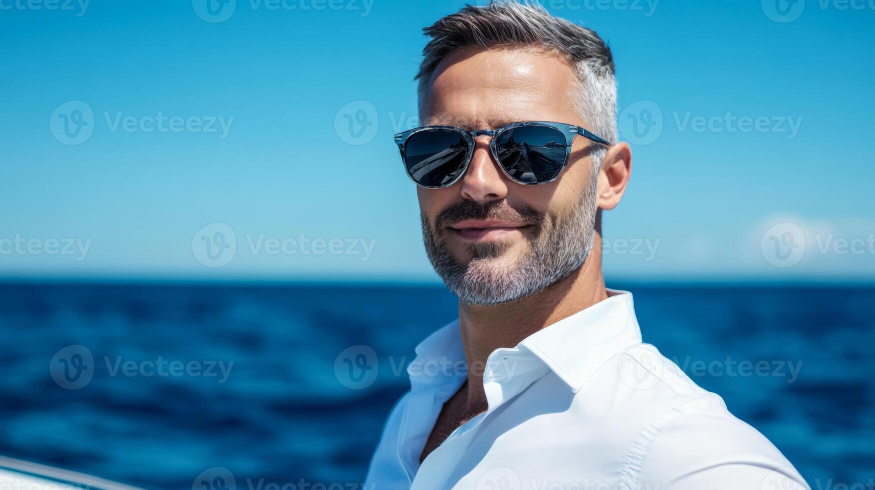 Affluent man sailing a sleek yacht on a sunny day dressed in nautical attire relaxed confidence deep blue ocean luxury and freedom photo
