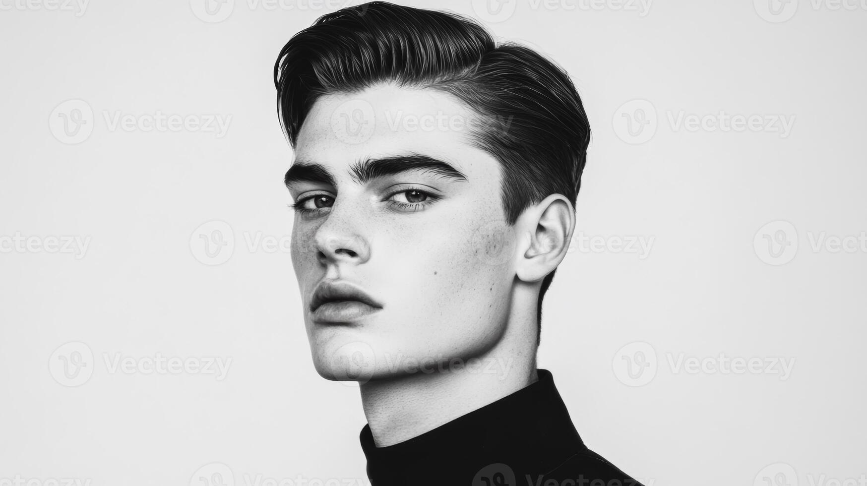 Androgynous male model with slicked back hair wearing oversized monochrome outfit bold silhouette subtle makeup standing against a minimalist white background modern and edgy photo