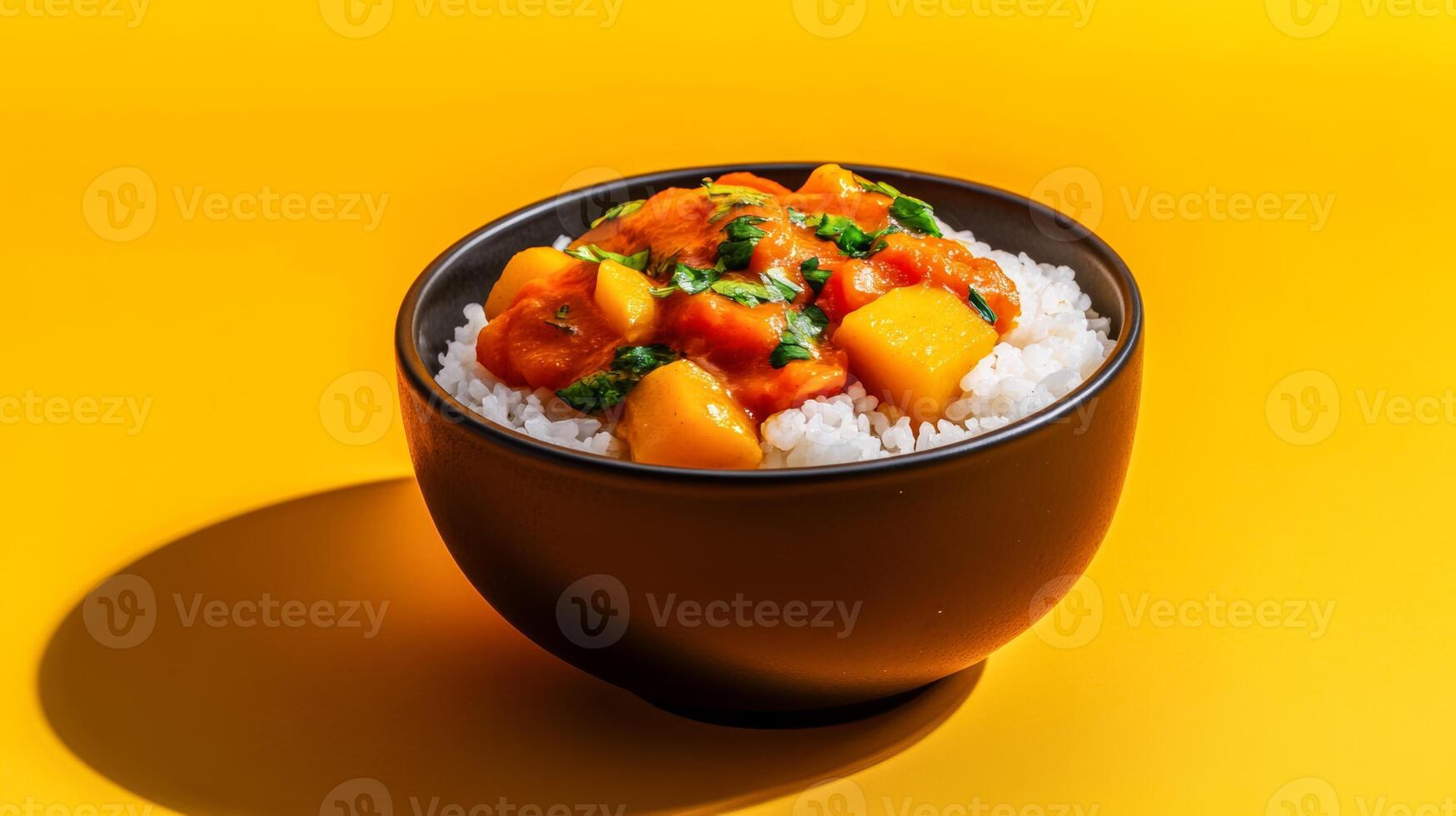 Aromatic Japanese pumpkin curry with tender kabocha, served over rice with pickled ginger, vibrant colors against a gradient background fading from deep amber to warm ochre photo