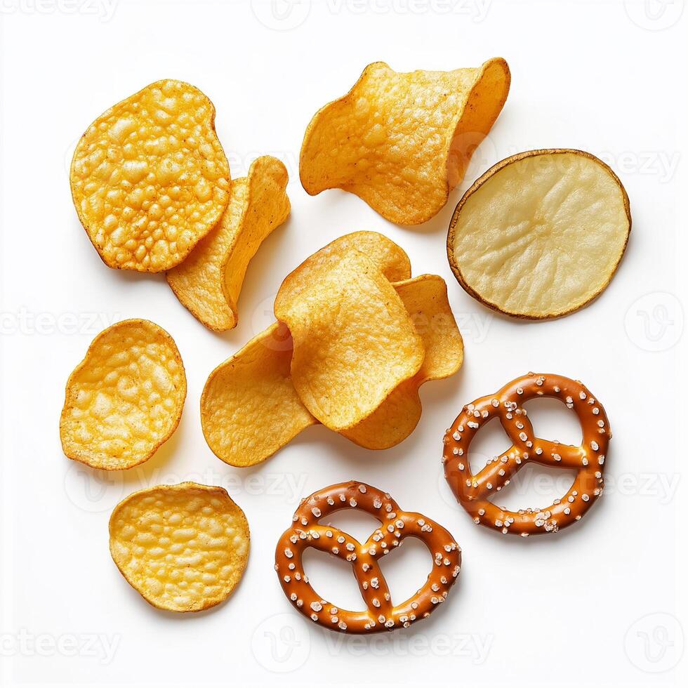 Assortment of crispy potato chips and pretzels isolated on white background photo