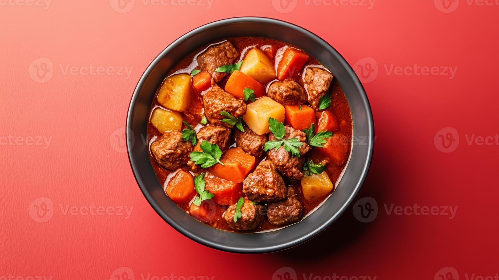 Bowl of hearty beef stew with tender chunks of meat, root vegetables, and rich gravy, rustic vibes set against a gradient background from deep red to earthy brown photo