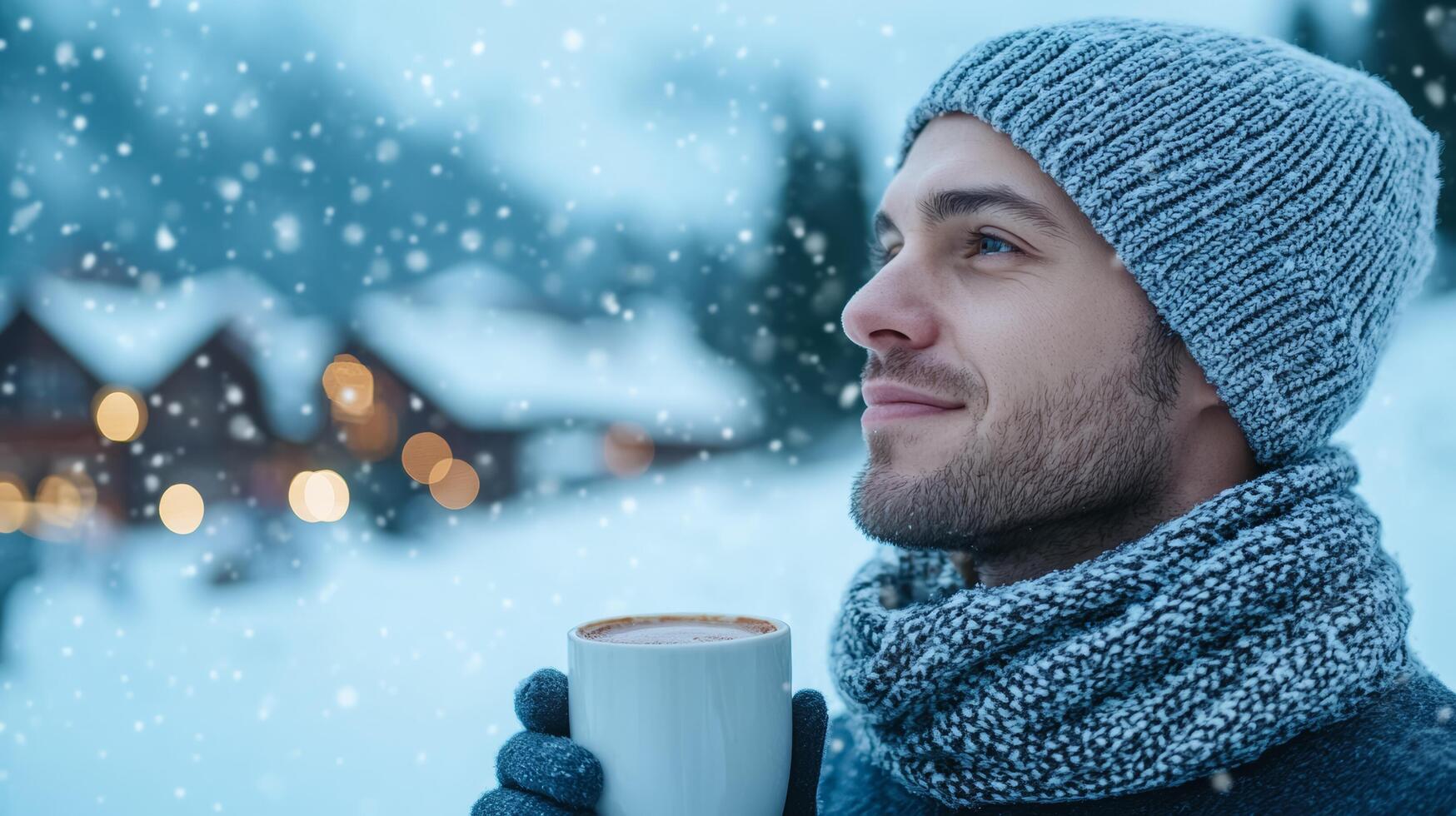 Cheerful person sipping hot cocoa outside a cozy ski lodge snowflakes falling bundled in a scarf and beanie with the lively resort village behind festive winter vibes photo