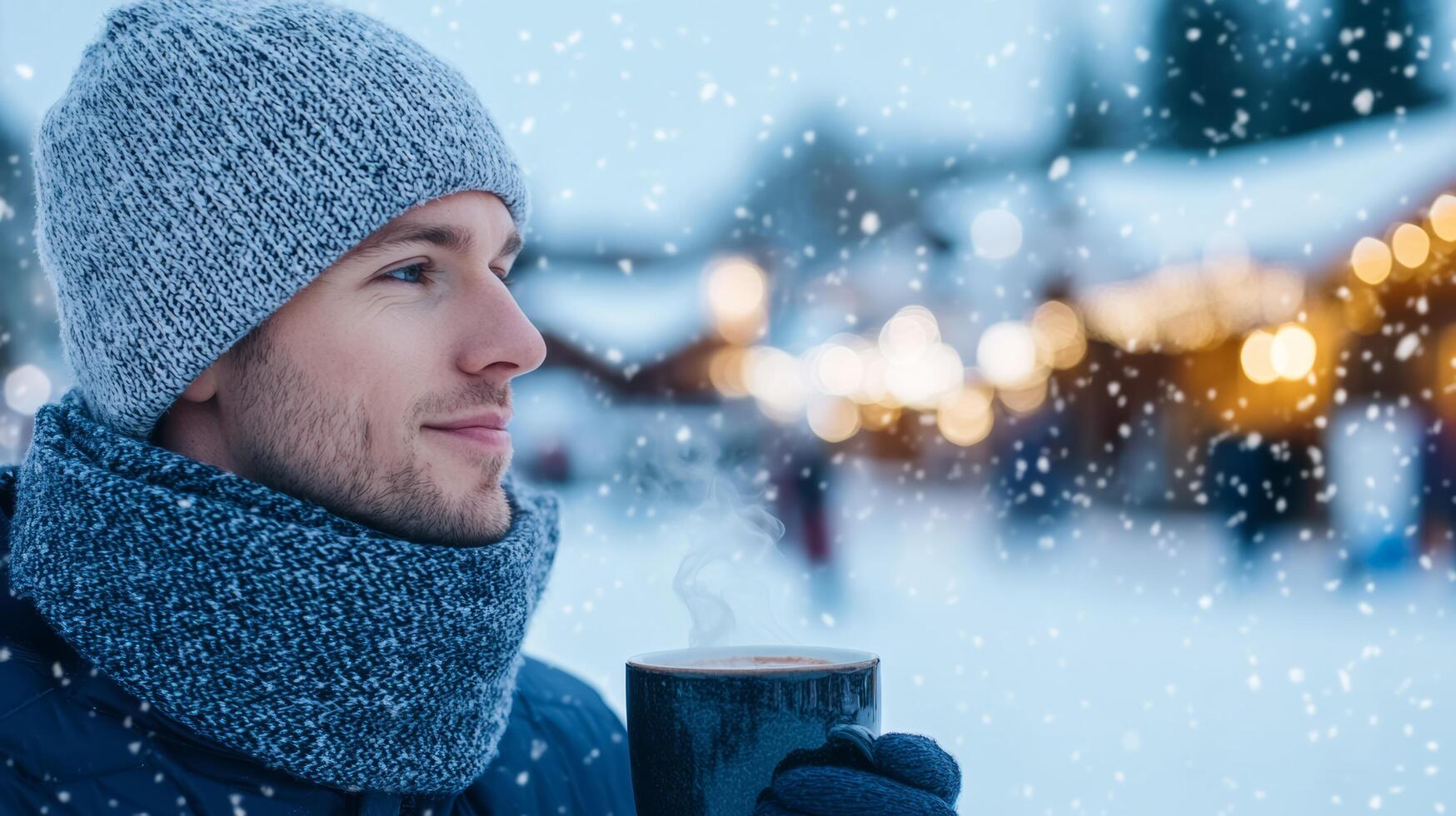 Cheerful person sipping hot cocoa outside a cozy ski lodge snowflakes falling bundled in a scarf and beanie with the lively resort village behind festive winter vibes photo