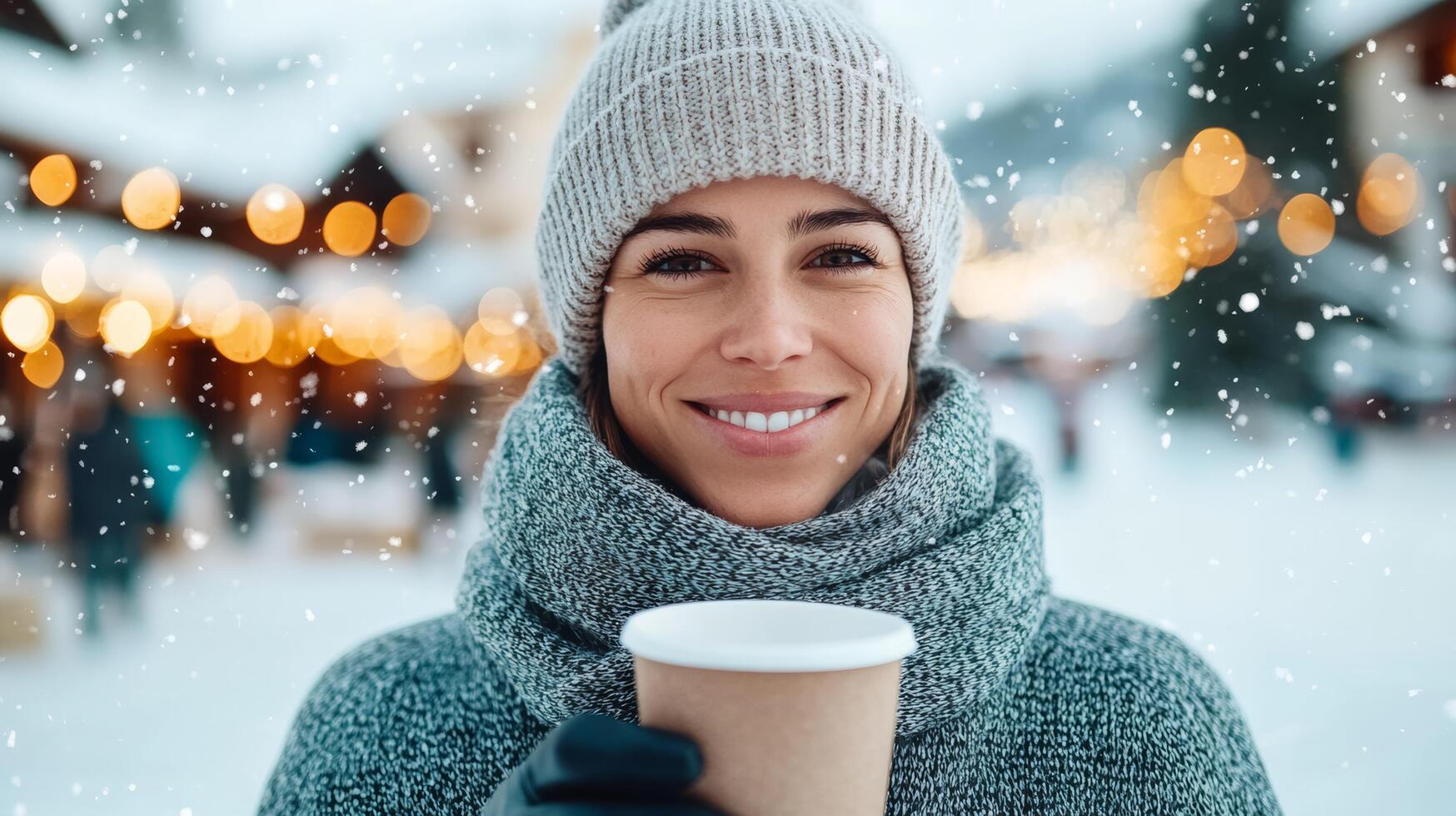 Cheerful person sipping hot cocoa outside a cozy ski lodge snowflakes falling bundled in a scarf and beanie with the lively resort village behind festive winter vibes photo