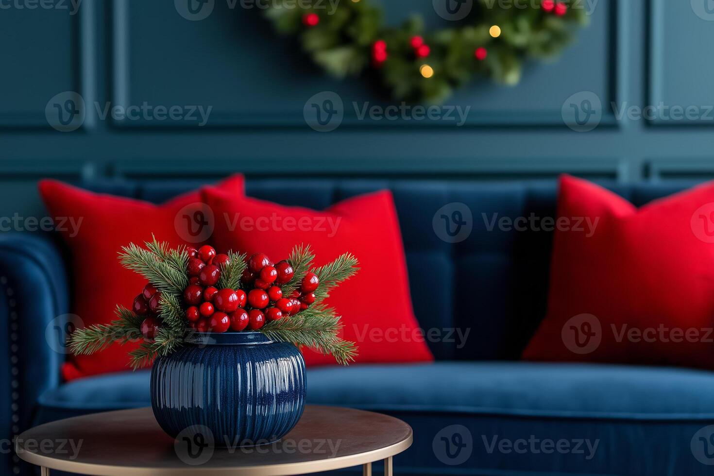 Christmas and New Years Eve decor in cozy home interiors with the color palette of deep blue, vibrant red, pale yellow, and seafoam green photo