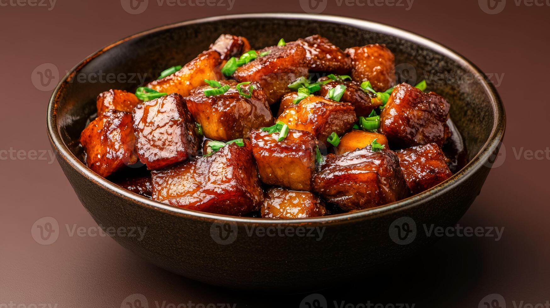 Chinese braised pork belly with chestnuts in a rich soy based sauce, hearty and glossy, served against a gradient background from dark brown to warm amber photo