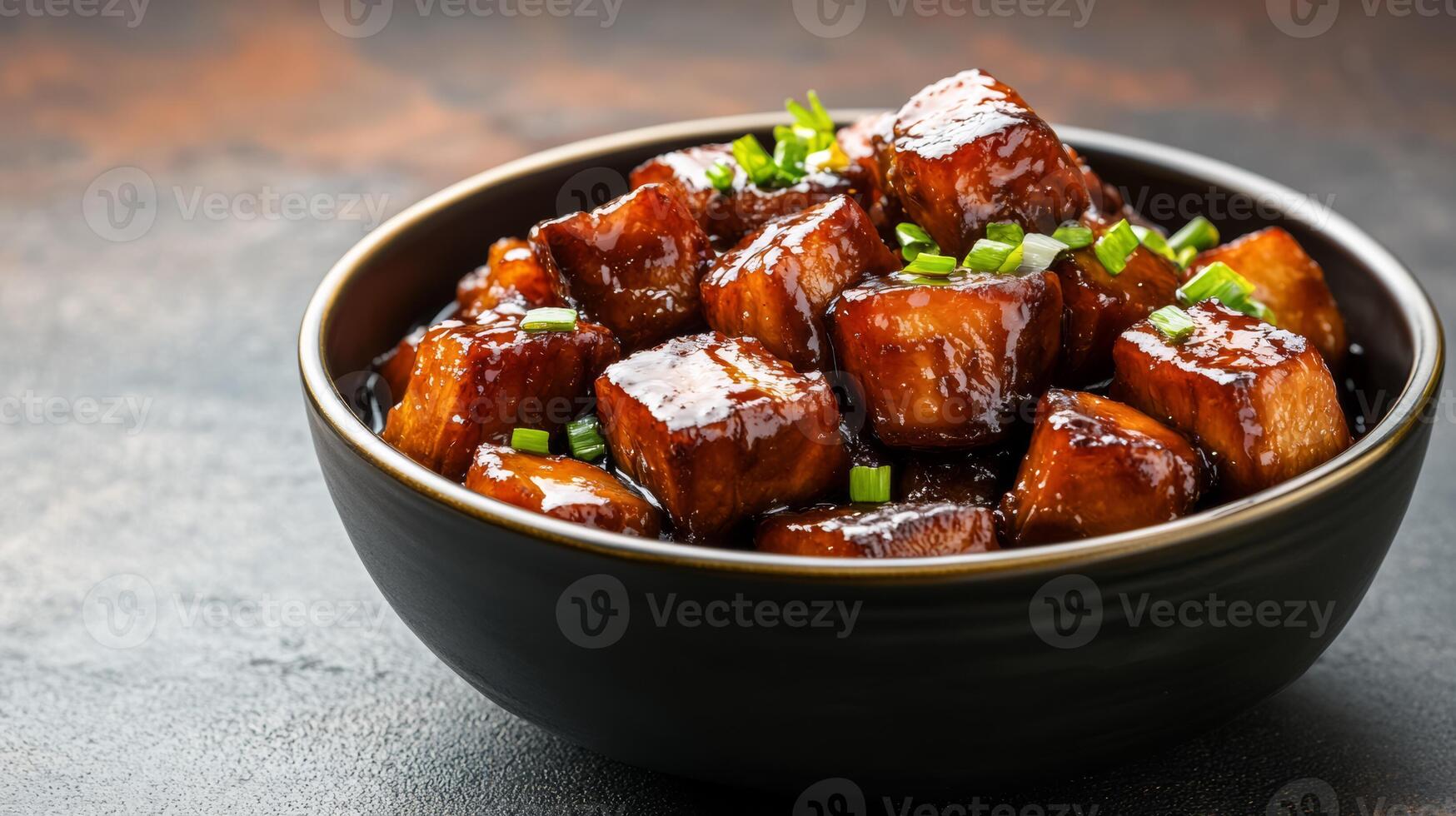 Chinese braised pork belly with chestnuts in a rich soy based sauce, hearty and glossy, served against a gradient background from dark brown to warm amber photo