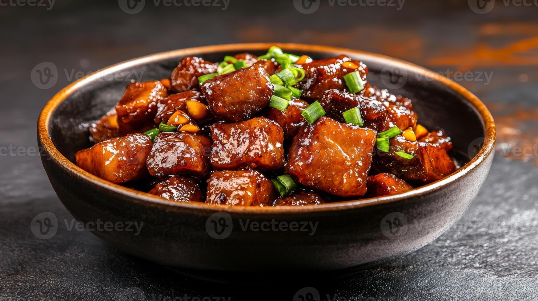 Chinese braised pork belly with chestnuts in a rich soy based sauce, hearty and glossy, served against a gradient background from dark brown to warm amber photo