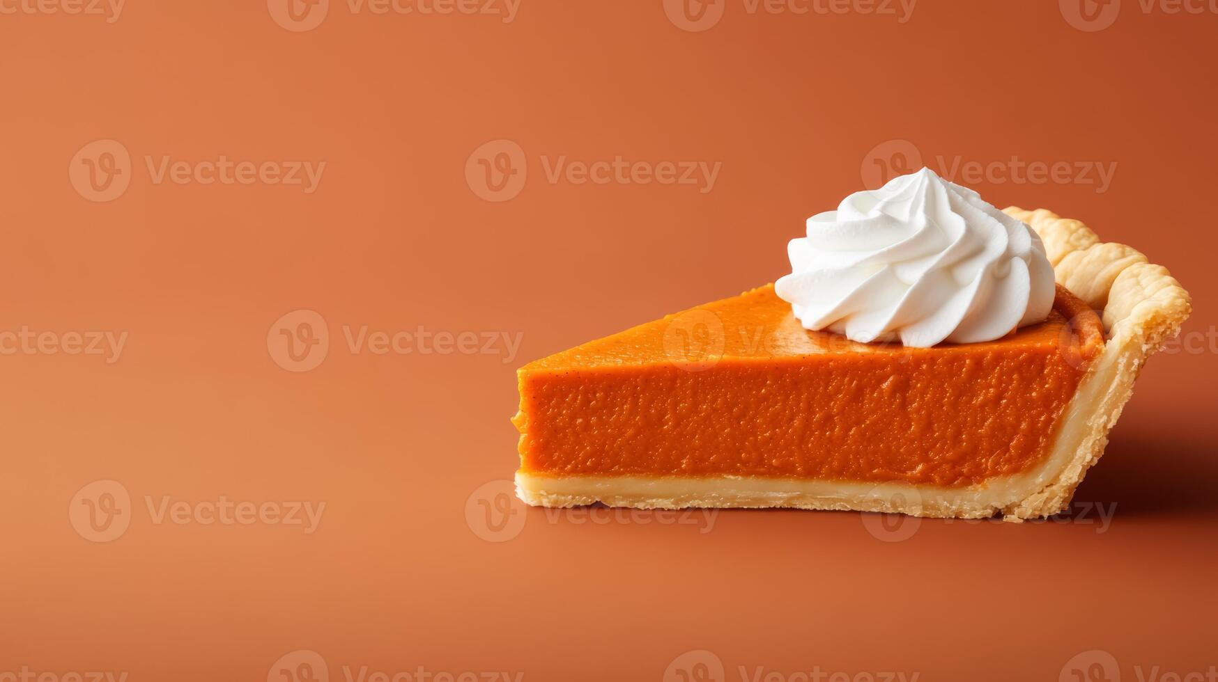 Classic American pumpkin pie slice with whipped cream on top, vibrant orange filling against a flaky crust, placed on a gradient background from burnt orange to deep brown photo