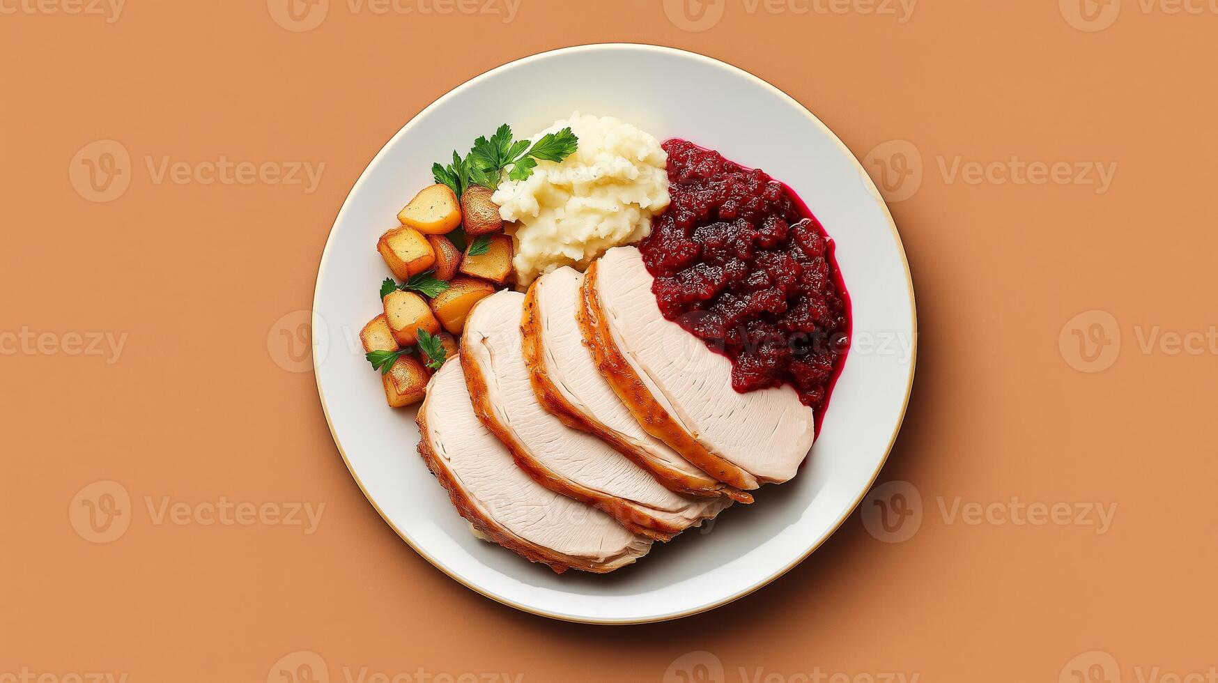 Classic autumn American dish of roasted turkey slices with cranberry sauce, mashed potatoes, and gravy, served on a plate with a gradient background fading from warm orange to deep brown photo