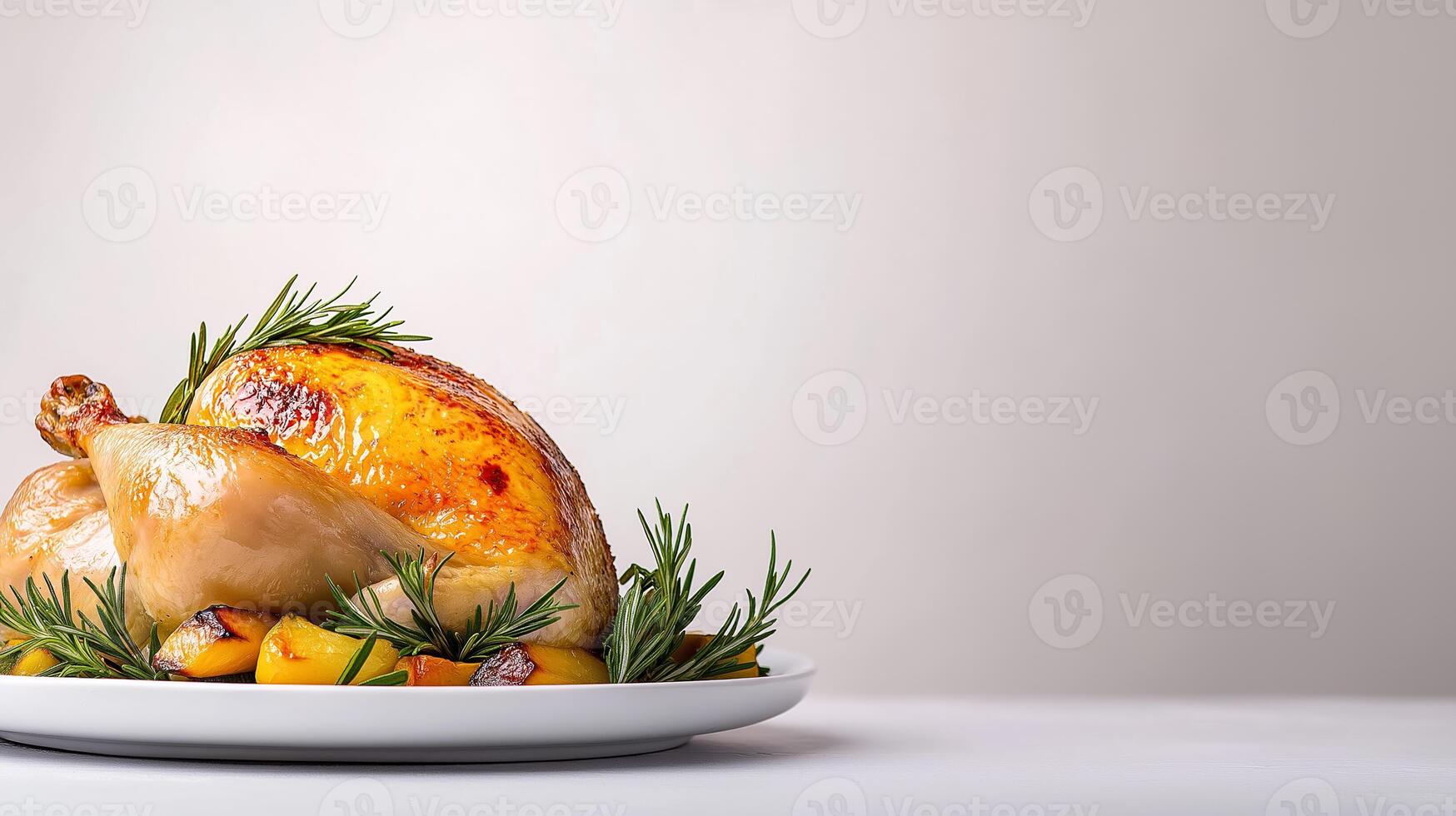 Classic roast chicken dish with golden brown skin, roasted vegetables, and herbs, presented on a white plate with empty space for text, soft gradient background photo
