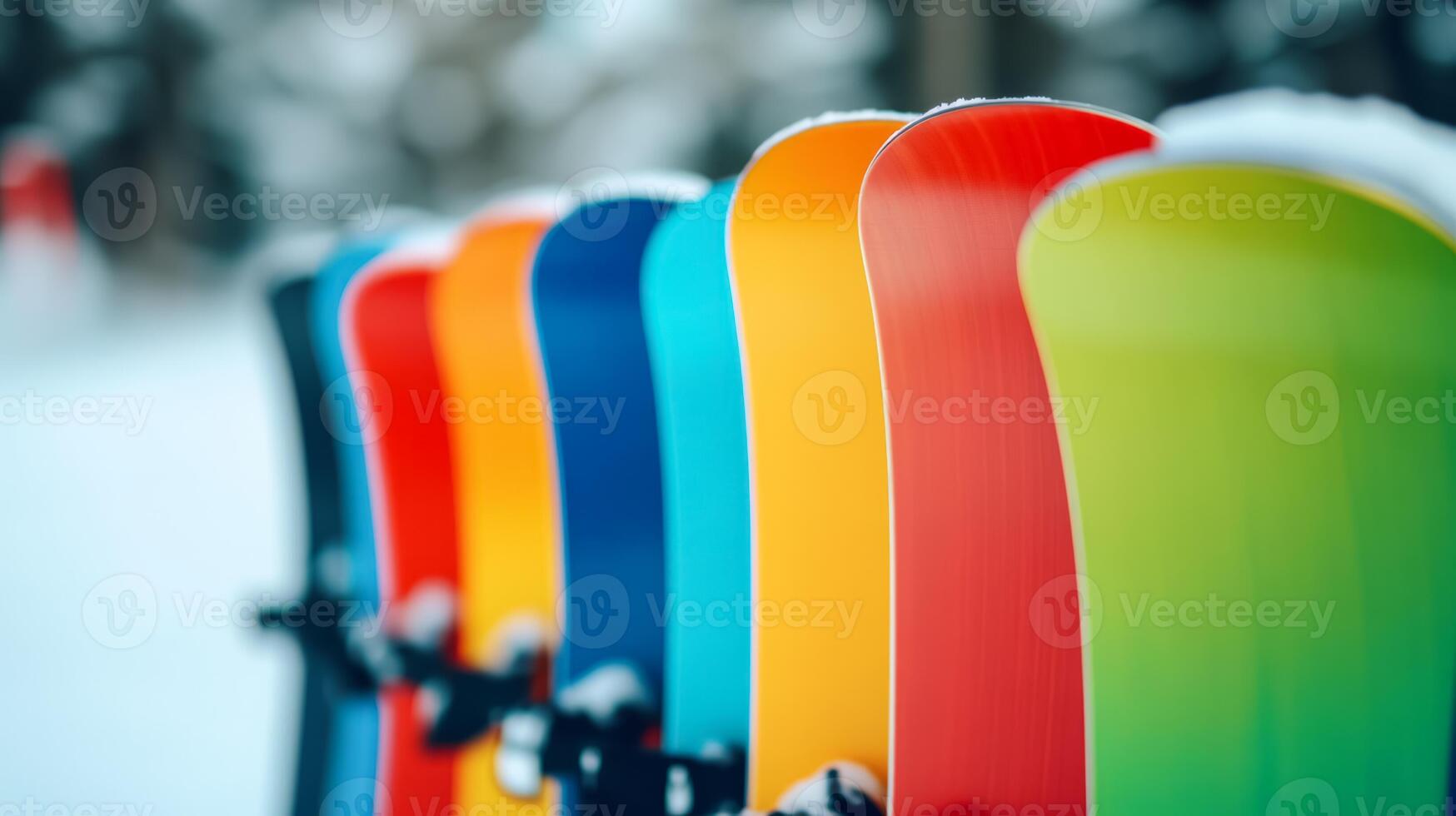 Close up of snowboards stacked against each other at a rental station bright colors and unique patterns against a snowy backdrop busy resort scene full of energy photo