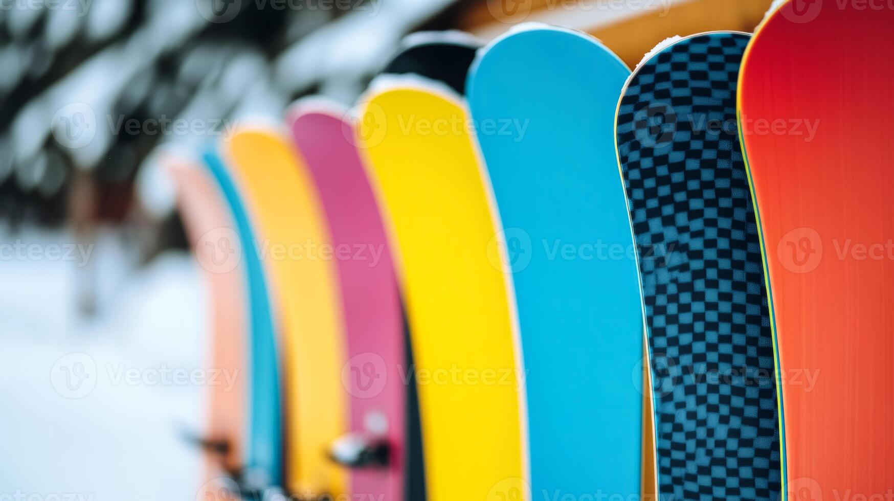 Close up of snowboards stacked against each other at a rental station bright colors and unique patterns against a snowy backdrop busy resort scene full of energy photo