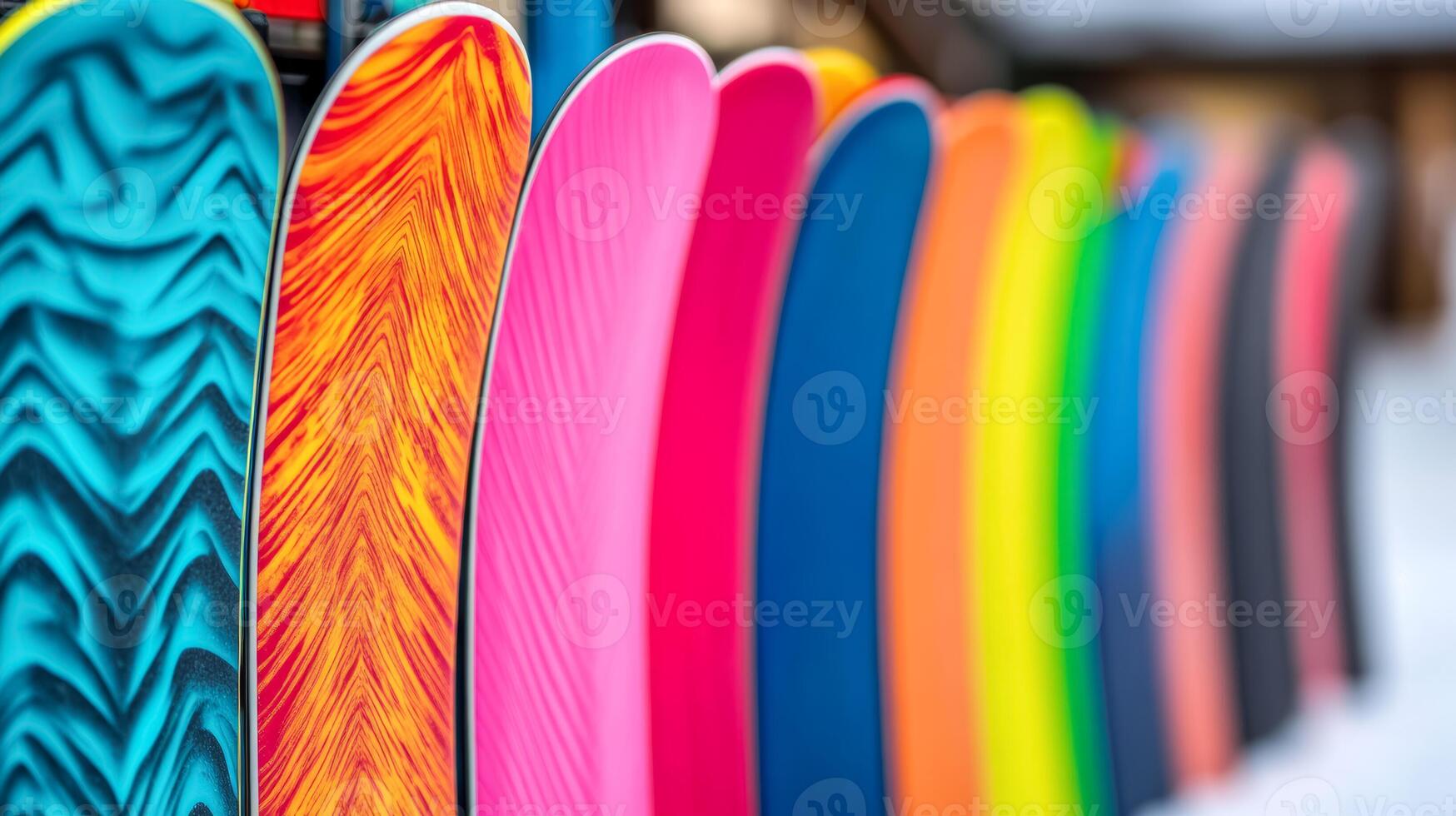 Close up of snowboards stacked against each other at a rental station bright colors and unique patterns against a snowy backdrop busy resort scene full of energy photo